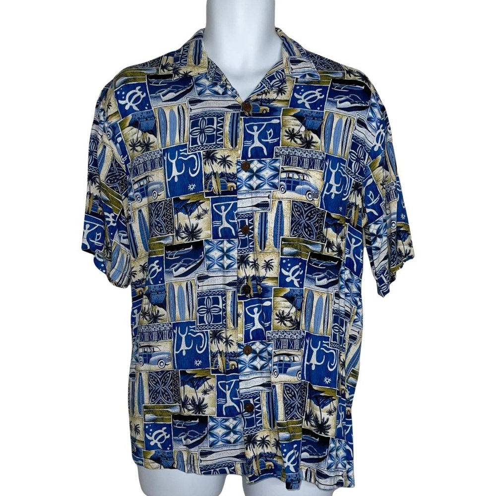 Aloha Hut Vintage Hawaiian Blue Abstract Turtle Surfboard Beach Vacation Shirt M